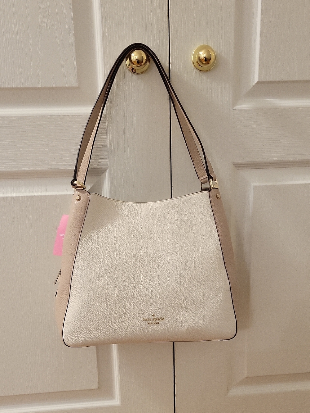 kate spade Cream and Taupe Leather Shoulder Hobo with Gold Logo